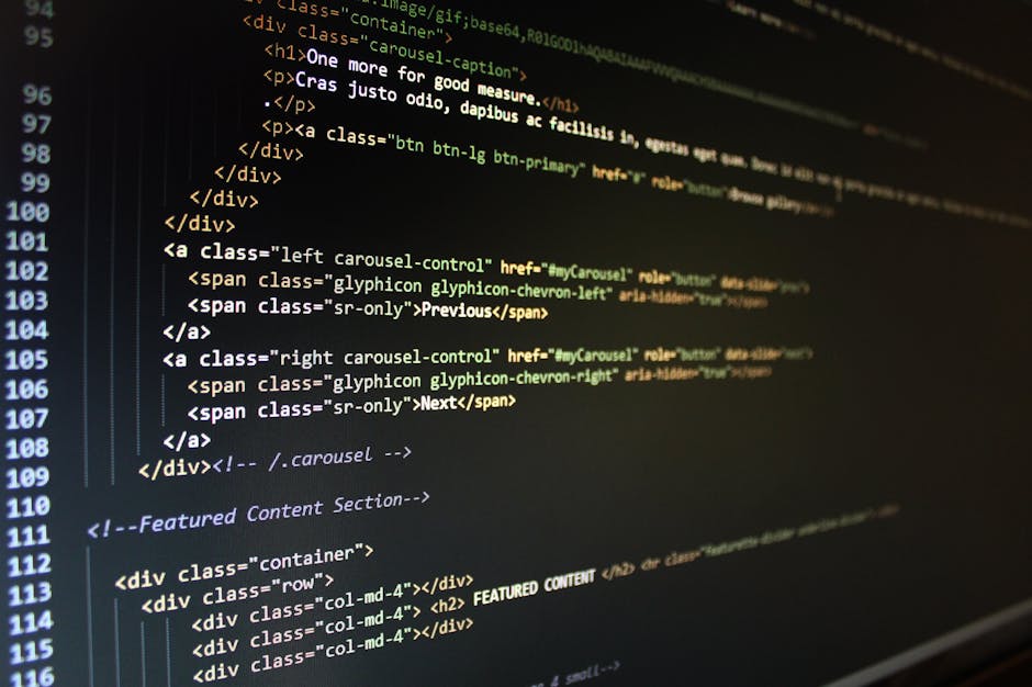 A close-up view of a computer screen displaying lines of coloured JavaScript code on a dark background. The code includes functions for toggling menu visibility and handling navigation link interactio